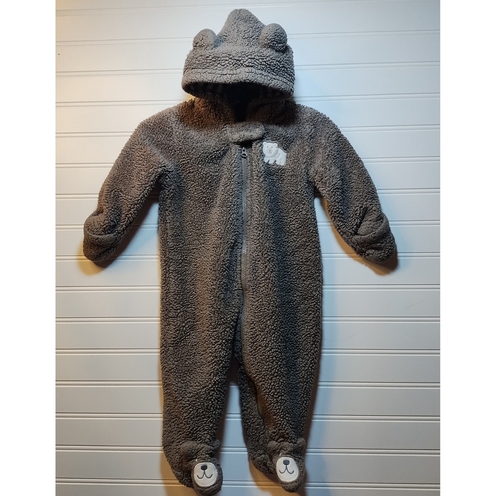 Carters Baby Boys Girls Gray Bear Fleece‎ Bunting Hooded Jumpsuit Coat Size 6 M